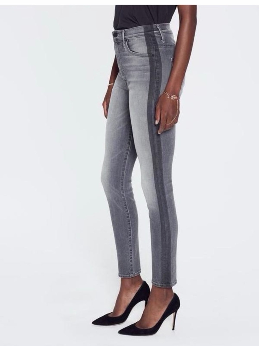 MOTHER Two-Tone Gray High-Rise Skinny Jeans with Side Stripe